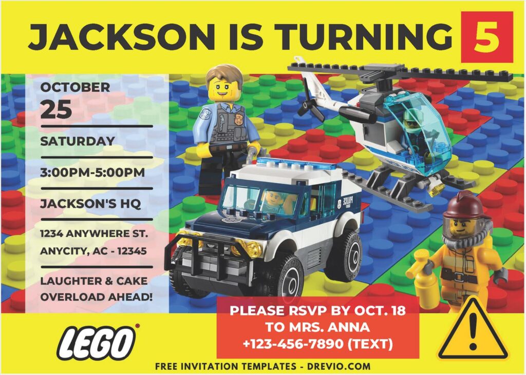 (Free PDF Invitation) Lego Block Birthday Invitation with Lego Police Car