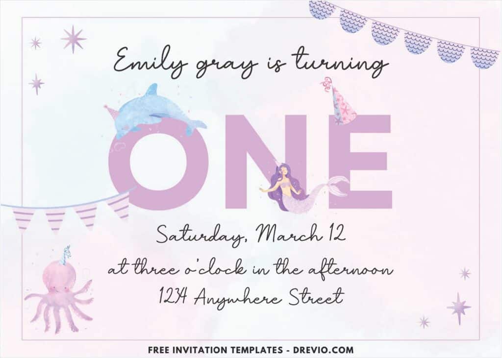 Purple And Pink Mermaid Birthday Invitation with bunting flags