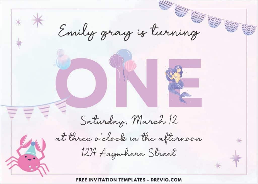 Purple And Pink Mermaid Birthday Invitation with landscape orientation