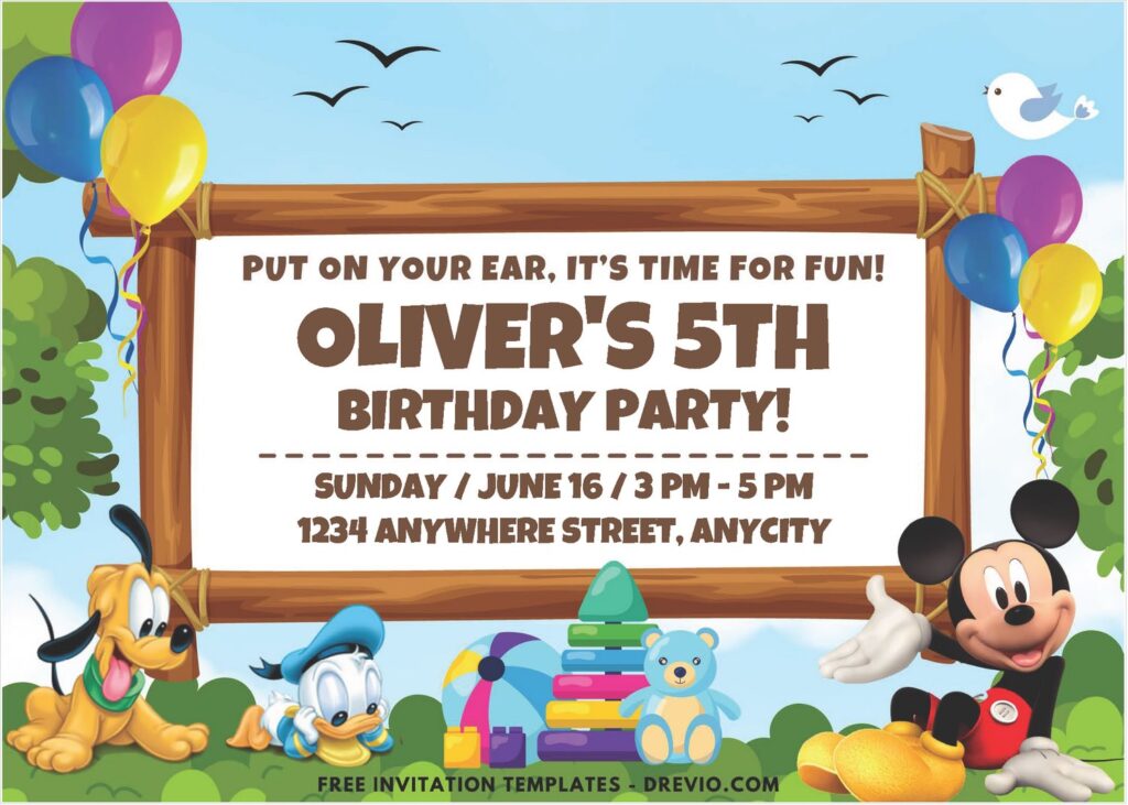 Mickey Mouse Kids Birthday Invitation With Children Toys and Balloons