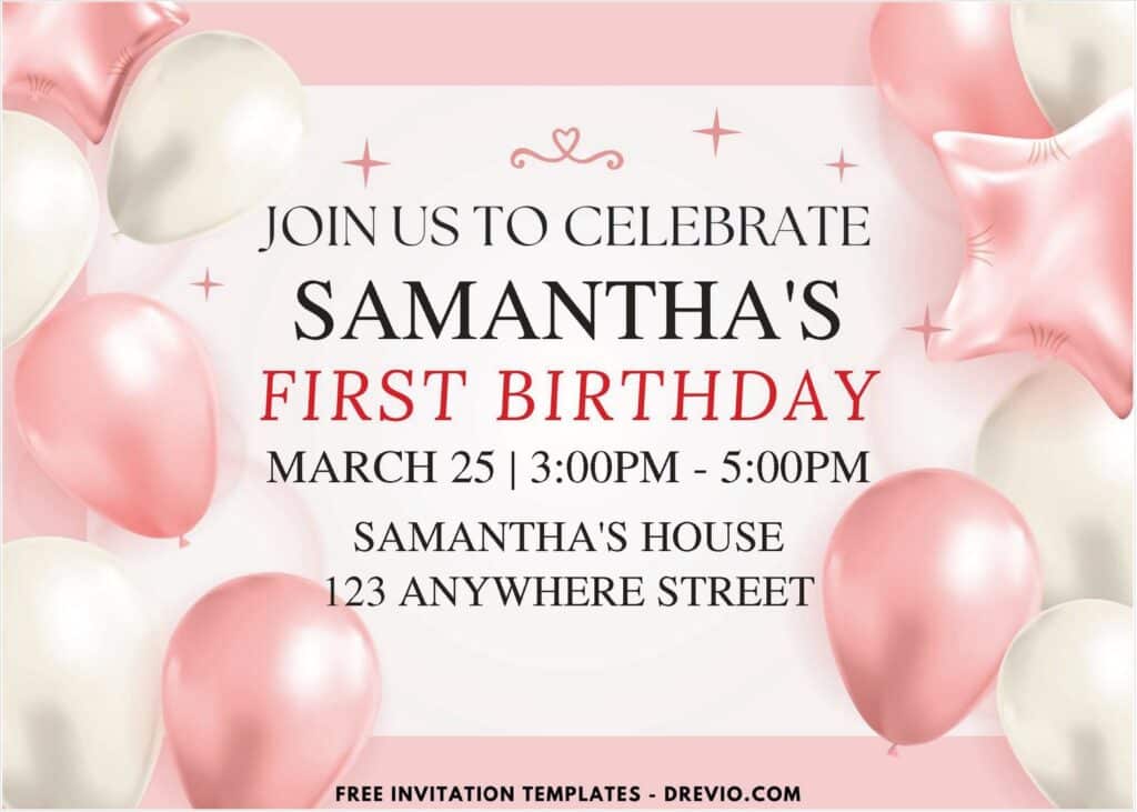 Pastel Pink Balloons Birthday Invitation with Silver balloons