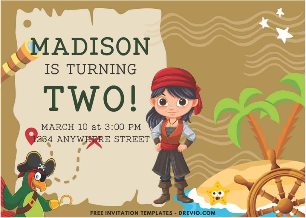 Cartoon Pirate Themed Birthday Invitation