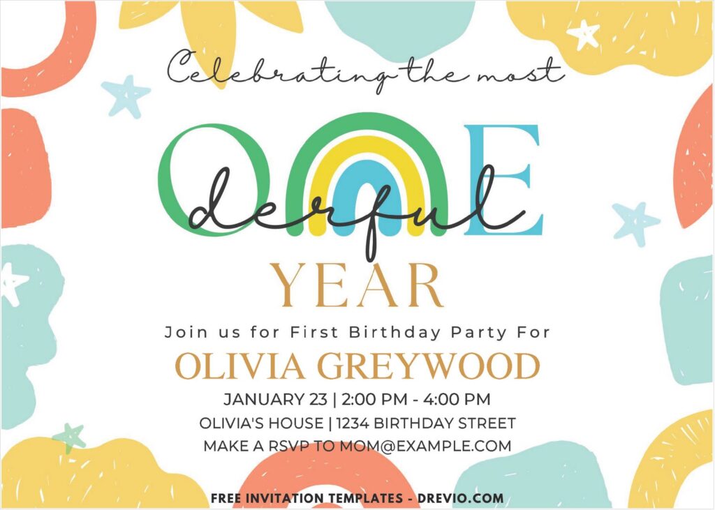 Invitation Template of (Free PDF Invitation) Rainbow ONEDERFUL First Birthday Invitation 1