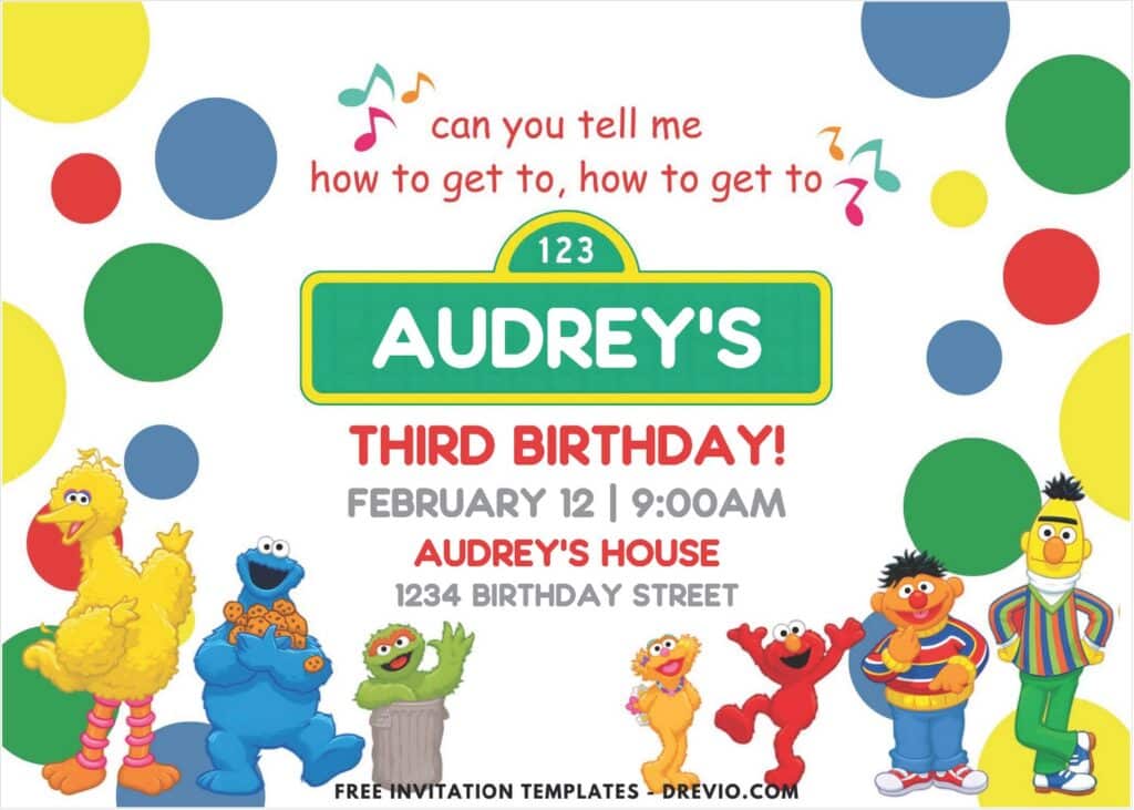 Polka Dots Sesame Street Birthday Invitation with Kermit the frog and abby cadabby