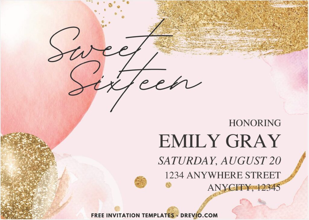 Gold Glitter Brushstrokes and lines Sweet 16 birthday invitation