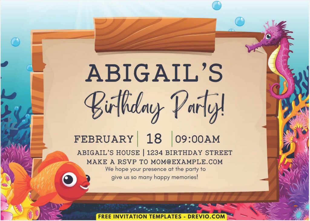 Under The Sea Theme Birthday Invitation with Wood text-box