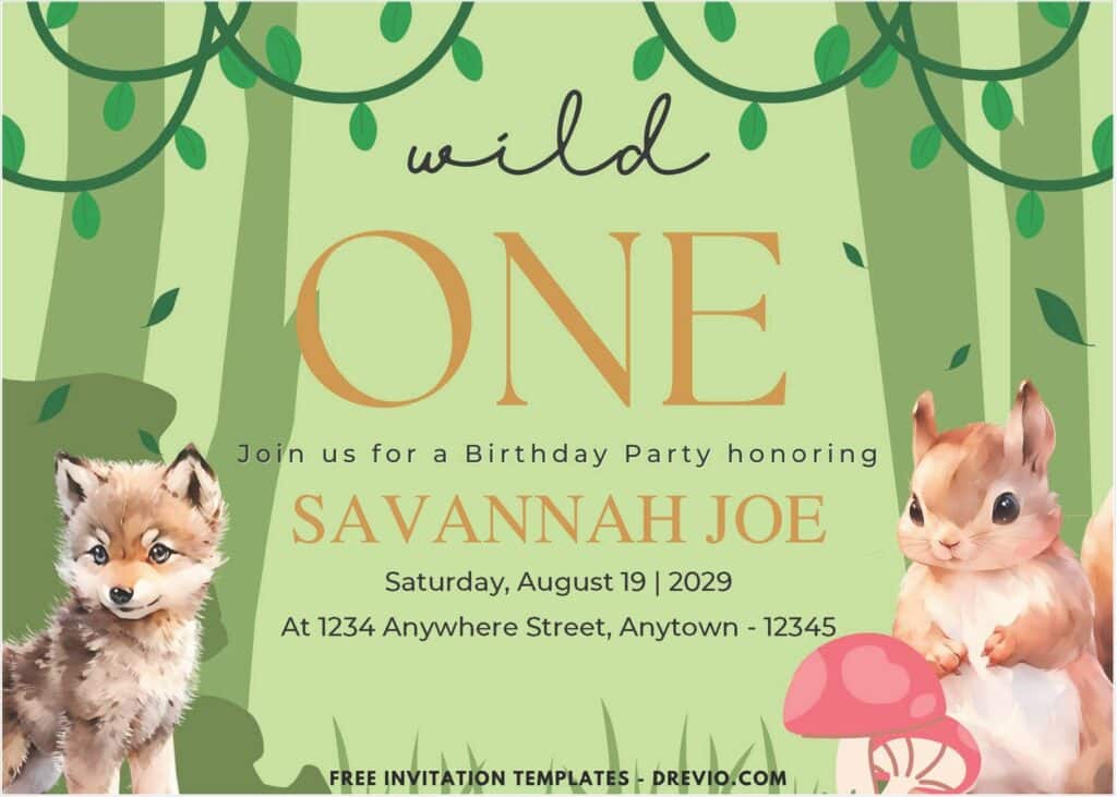 Wild One Woodland Birthday Invitation with editable text