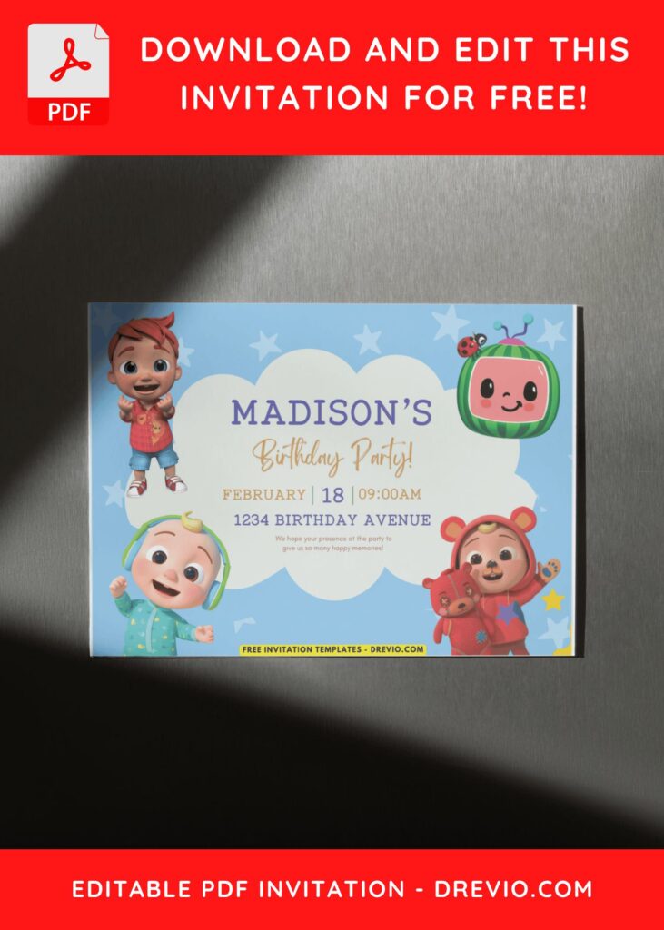 Cocomelon Birthday Invitation with cute watermelon tv