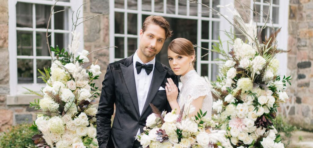 Chic Wedding With Black Suit And White Dress