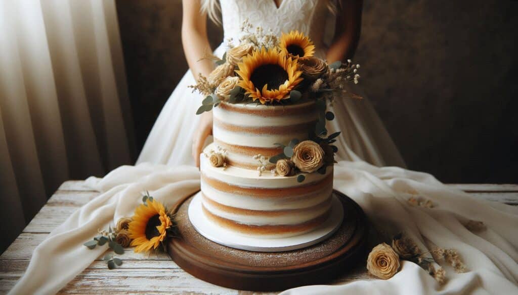 2 Tier Rustic Style Wedding Cake With Sunflower Topper