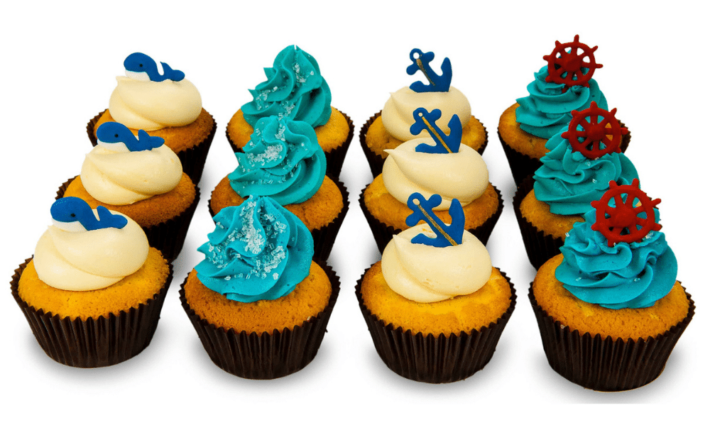 Yummy cupcakes with Nautical theme - anchor, ship wheel and red whales