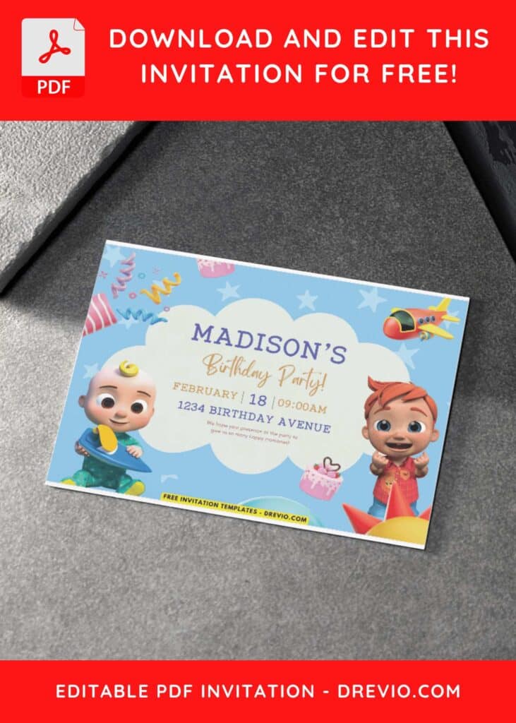 Cocomelon Birthday Invitation with cute plane