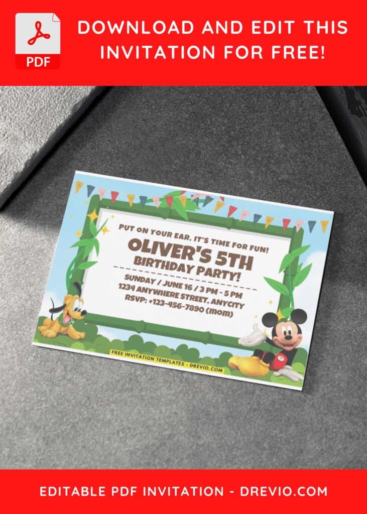 Birthday Invitation with garden theme and Mickey Mouse and pluto