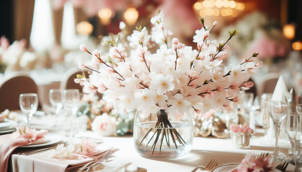 Gorgeous Table Centerpiece with clear vase and filled with Cherry Blossom Sakura flower arrangement