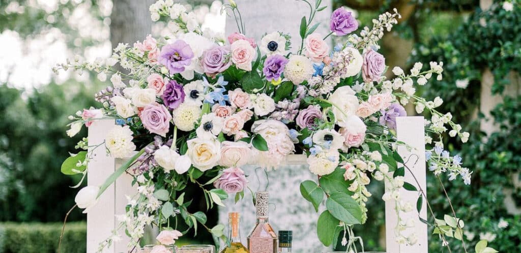 Flower Bouquet made of Delphinium, anemone, rose and baby's breath flowers