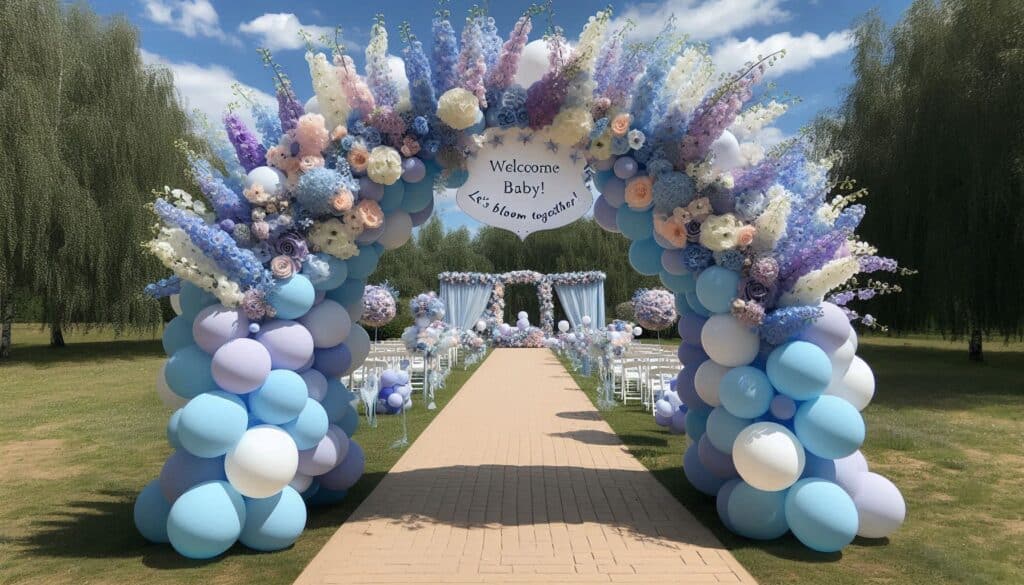 Pastel blue, lavender, and white balloons arch