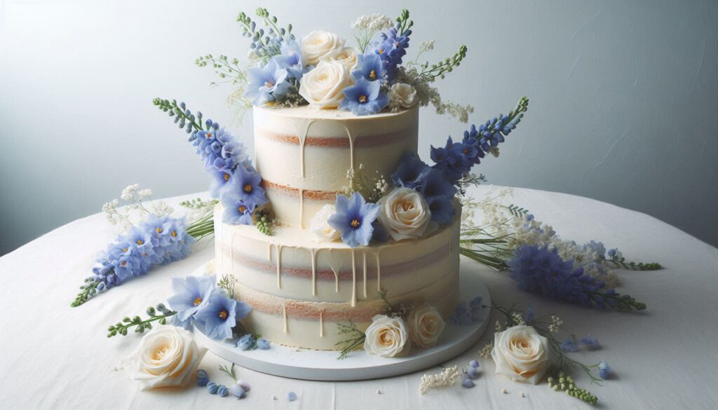 2-Tiered Cake with white and blush fondant, delphinium topper