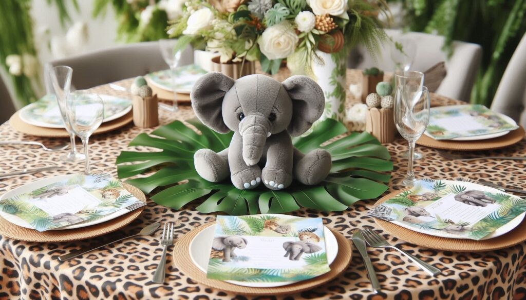 Wild Jungle Animal Birthday Party Table Decor with Paper plates, baby elephant centerpiece and greenery leaves