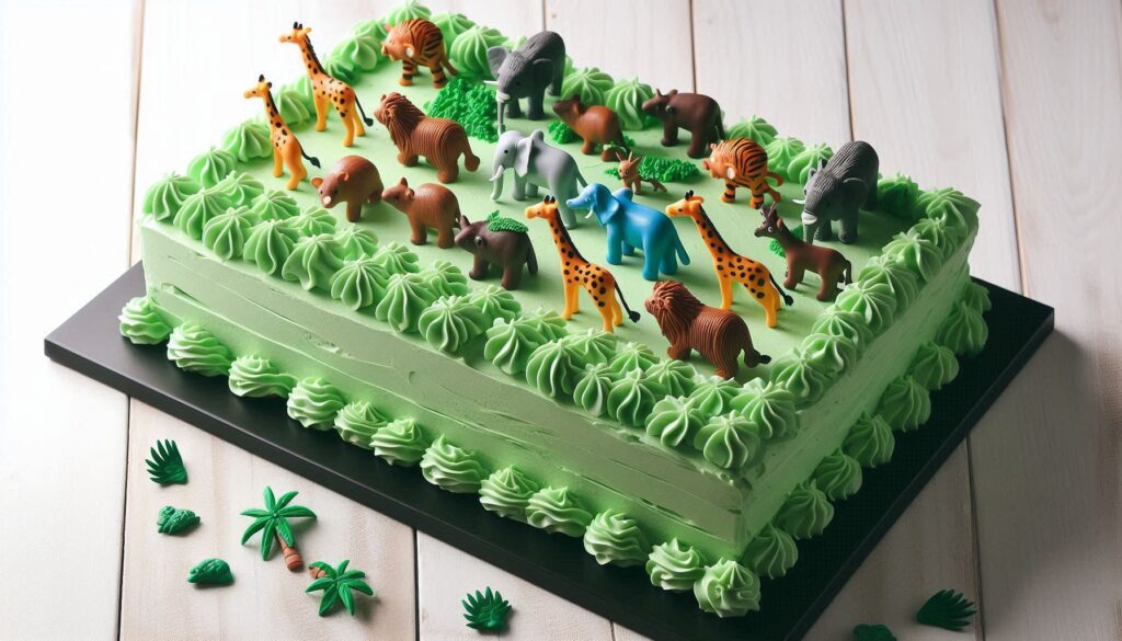 Adorable Birthday Cake Made of Simple 1-tier sheet cake, green frosting, and Animal Figurines Topper that looks like they are Marching at top of the cake