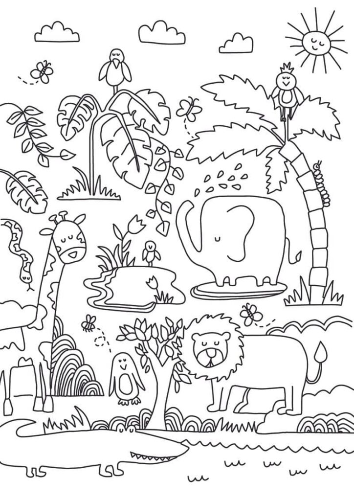 Adorable Elephant, Giraffe and Lion Coloring Page template