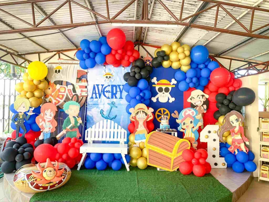 Colorful balloon decor for One Piece Birthday Party