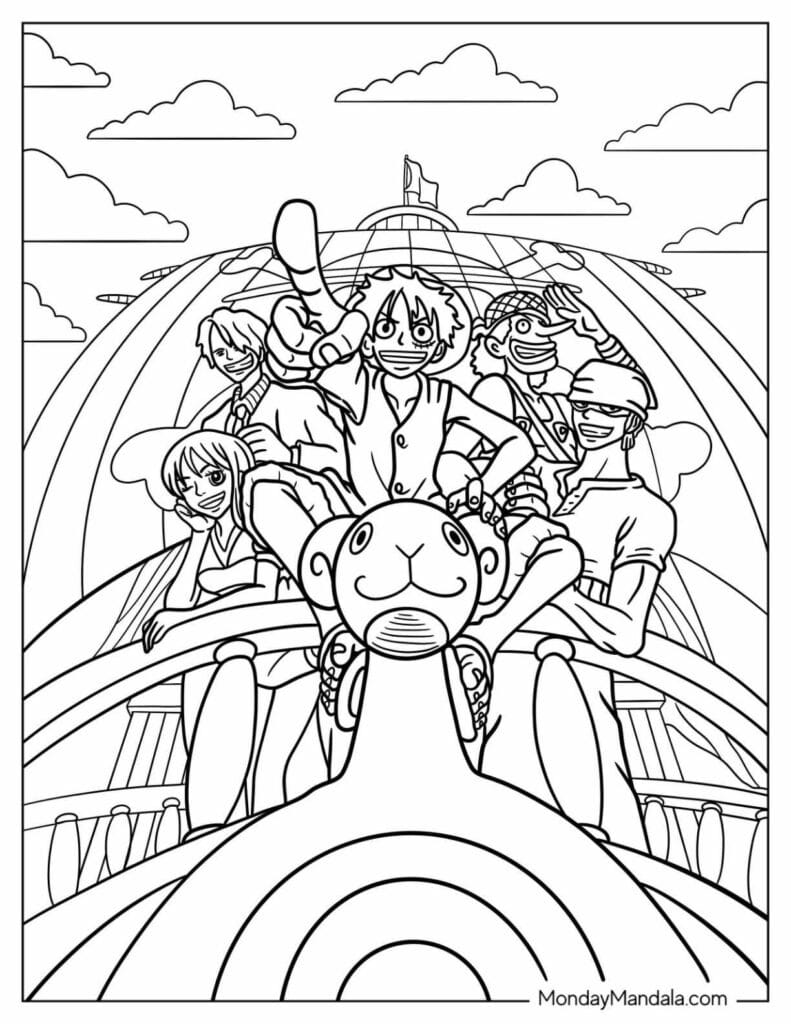 One Piece Luffy and Nakama on Thousand Sunny Coloring Pages Templates