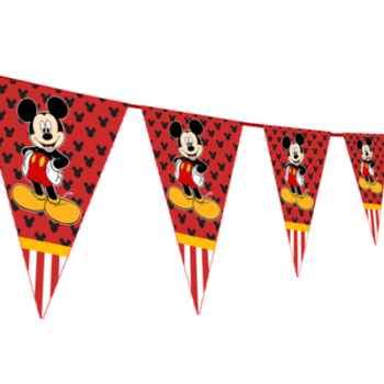 Triangle Mickey Mouse Bunting Flag with red background, cute heart shapes pattern and Mickey Mouse posing at the center