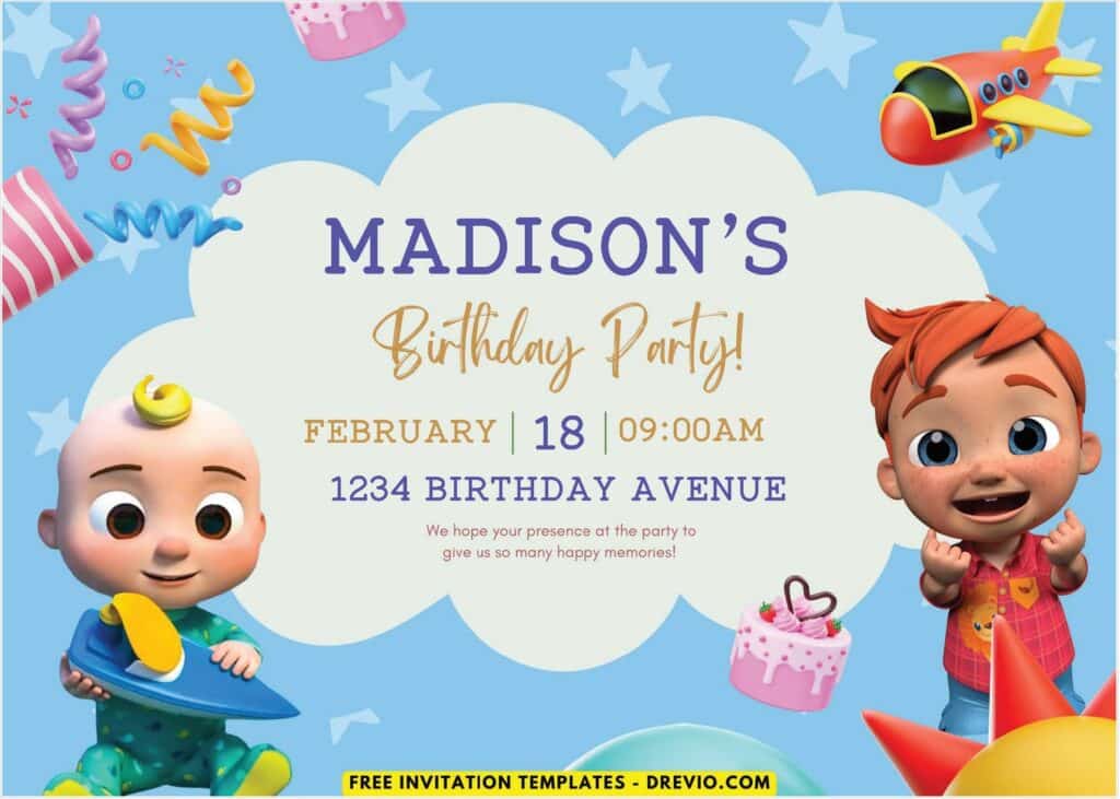 Cocomelon Birthday Invitation with party popper