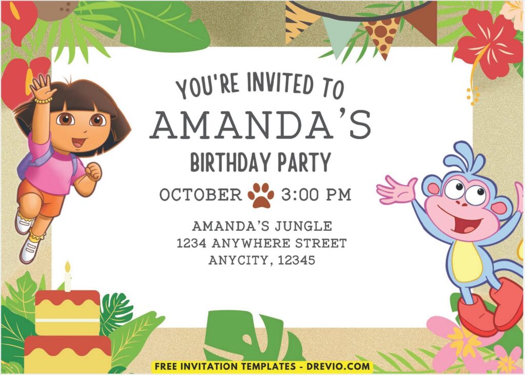 Jungle Bash Dora 1st Birthday Invitation