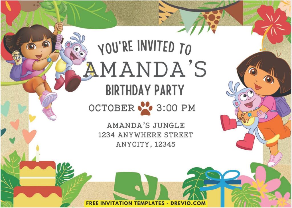 Cartoon Jungle Themed Dora Birthday Invitation