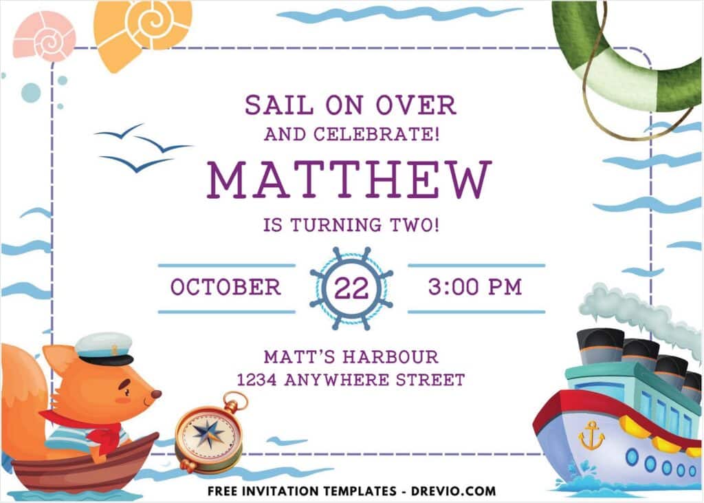 Fox sailor and steamboat invitation