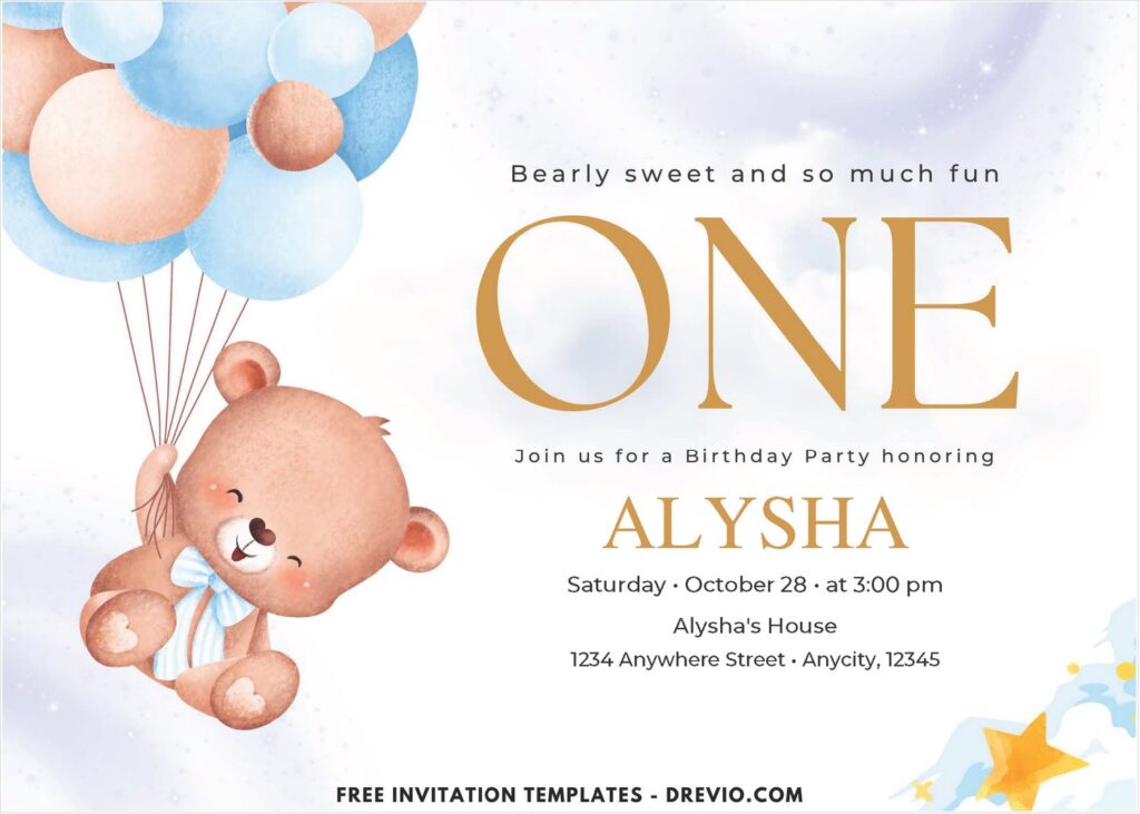 Invitation Template of (Free PDF Invitation) Teddy Bear Balloons Birthday Invitation 1