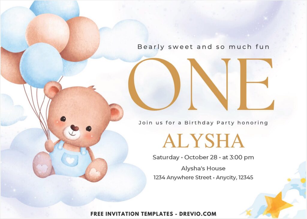 Invitation Template of (Free PDF Invitation) Teddy Bear Balloons Birthday Invitation 3