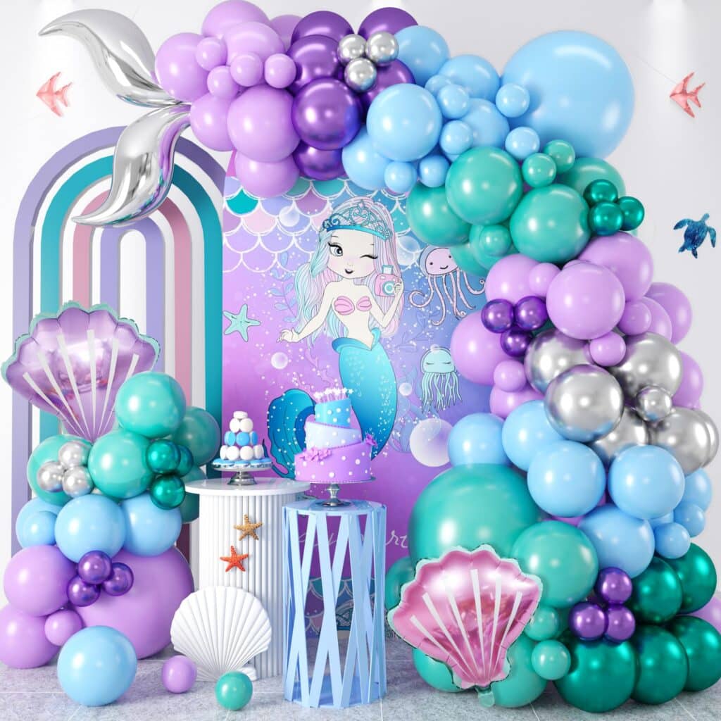 Purple Green Pink And Blue Balloon Arch Ideas For Ariel Mermaid Birthday Party Decor