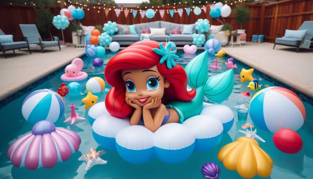 Backyard Pool Arie Mermaid Birthday Party with Inflatable Tubes and Ariel Mermaid