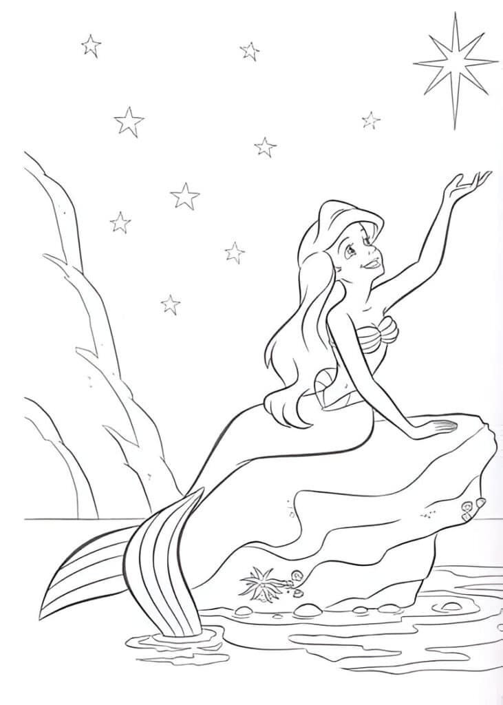 Ariel Little Mermaid sitting on a rock Coloring Page Template