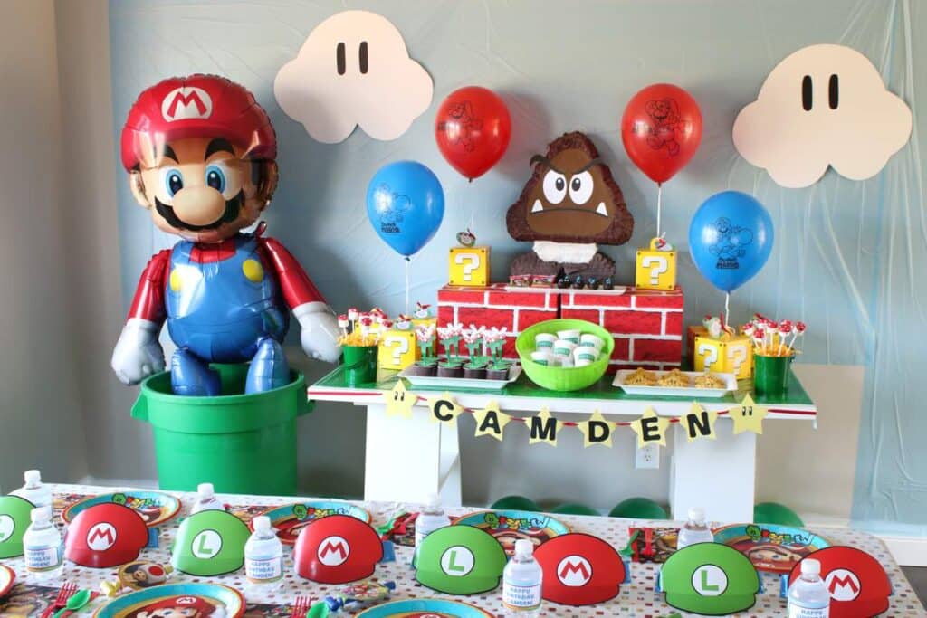 Super Mario Birthday Party with inflatable Mario