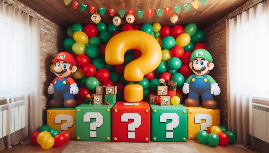 Mario birthday party with DIY Cardboard Question Blocks and Mario & Luigi cutouts