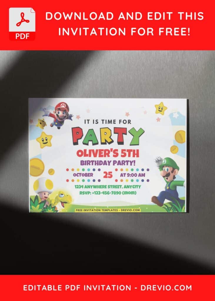 Time For Party Mario birthday invitation