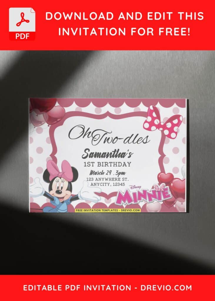 Minnie Mouse Birthday Invitation with polka dot background