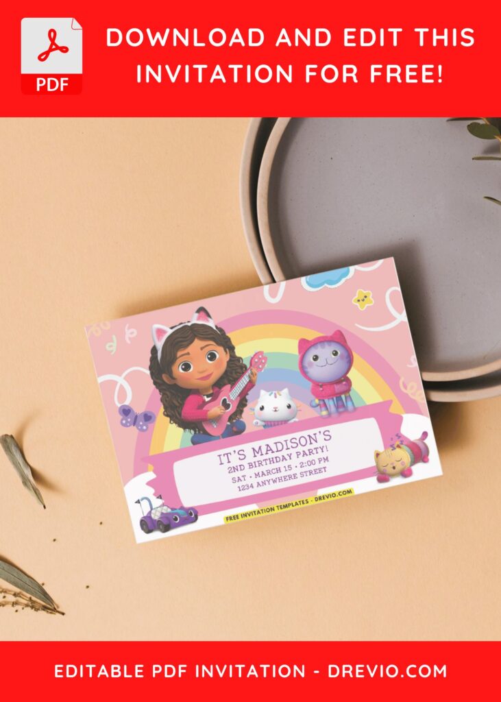 Gabby Dollhouse And Pillow Cat Birthday Invitation