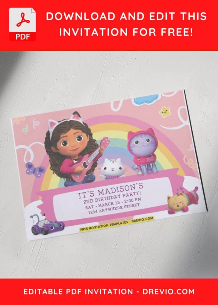 Gabby Dollhouse And DJ Catnip Birthday Invitation