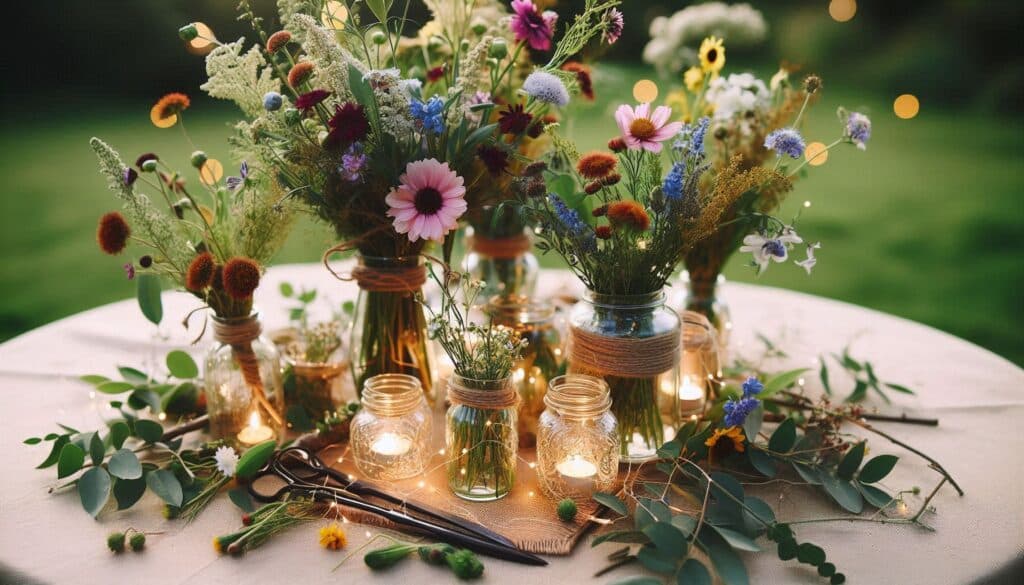 Gorgeous Baby's Breath, Tulip, Daisy and Rose in clear mason jars for table centerpiece