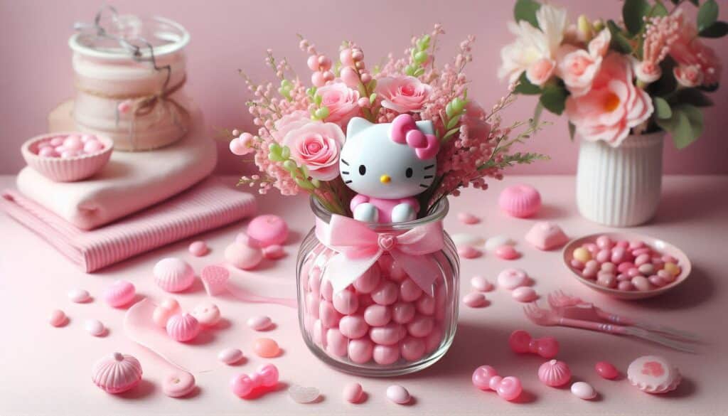 Hello Kitty Table Centerpiece consists of Mason Jar filled with pink candied, faux flower and Hello Kitty Figurine