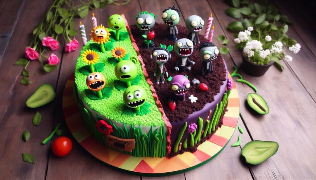 Plants vs Zombies Birthday Cake with two tone design, and Plants vs Zombie Figurines