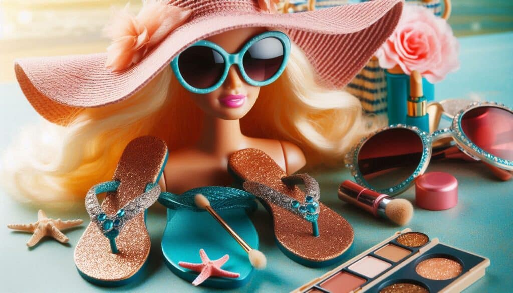 Oversized sunglasses, floppy sun hats, and sparkly flip-flops for barbie birthday party outfits