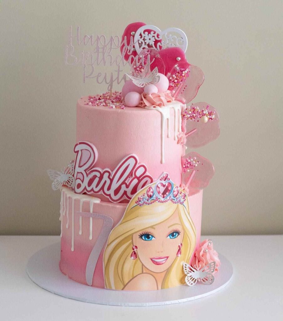 2-Tiered Pink Barbie Birthday Cake with Glitter, Edible Barbie Face and topper