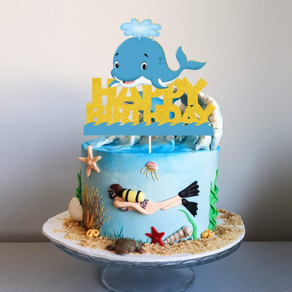 Yummy Birthday Cake with Under the Sea theme, Dolphin Cake Topper and starfish