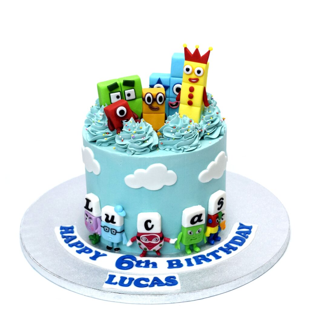 Numberblocks Birthday Cake with simple round-shape and edible clouds, and Numberblocks 1 & 2 Cake Topper