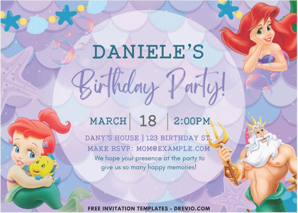 Mermaid Princess Ariel Birthday Invitation